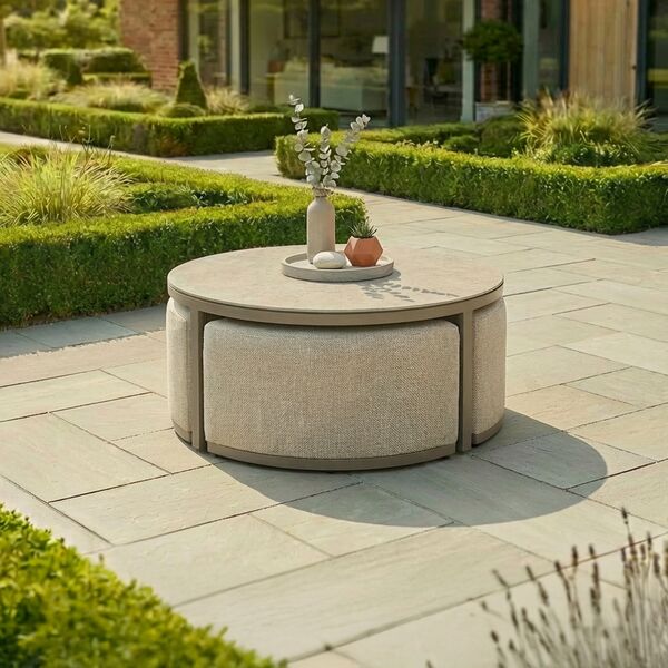 Maze Round Coffee Table With x3 Footstools - Latte