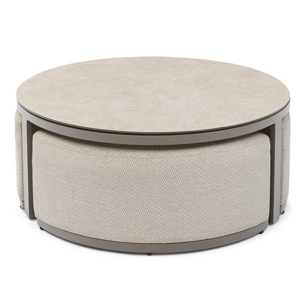 Maze Round Coffee Table With x3 Footstools - Latte