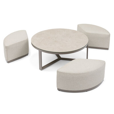 Maze Round Coffee Table With x3 Footstools - Latte