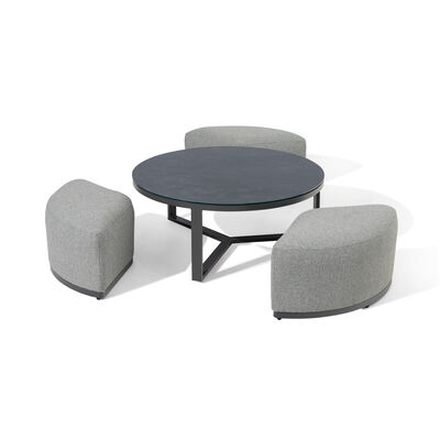 Maze Round Coffee Table With x3 Footstools - Zinc Grey