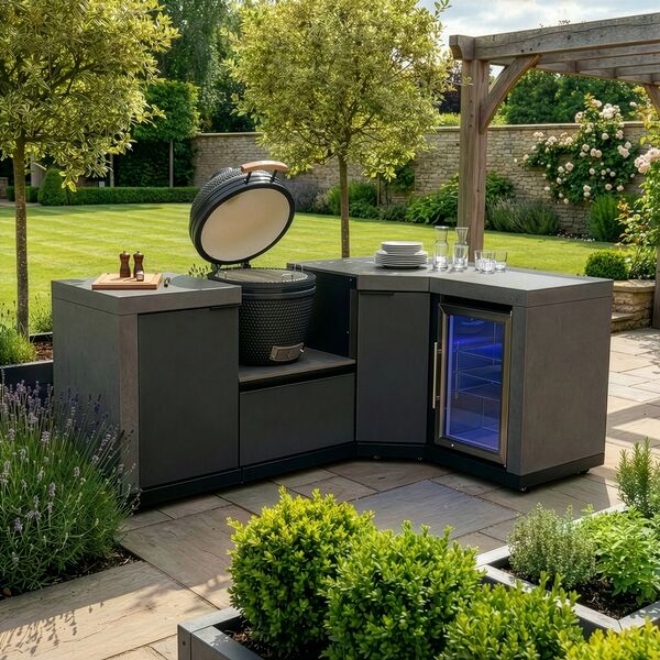 Maze Ember Outdoor Kitchen Small Kamado Corner Set with Right Fridge (with 18 inch Kamado)