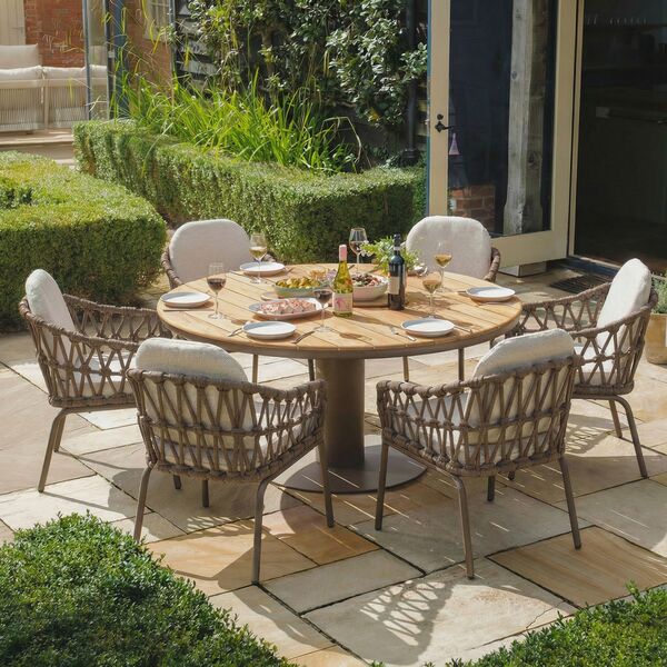 Sicily 6 Seat Round Table with Rope Chairs - Café Frame-Latte Cushions