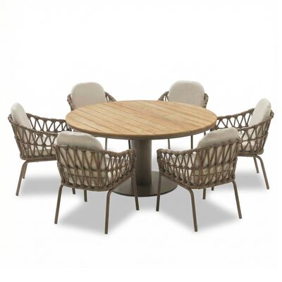 Sicily 6 Seat Round Table with Rope Chairs - Café Frame-Latte Cushions