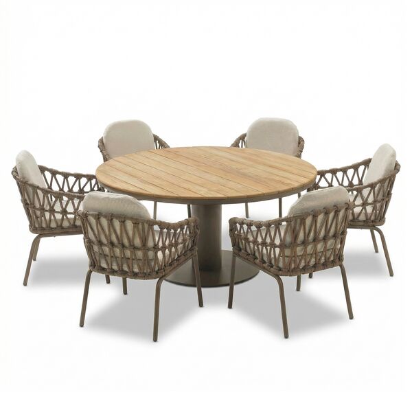Sicily 6 Seat Round Table with Rope Chairs - Café Frame-Latte Cushions