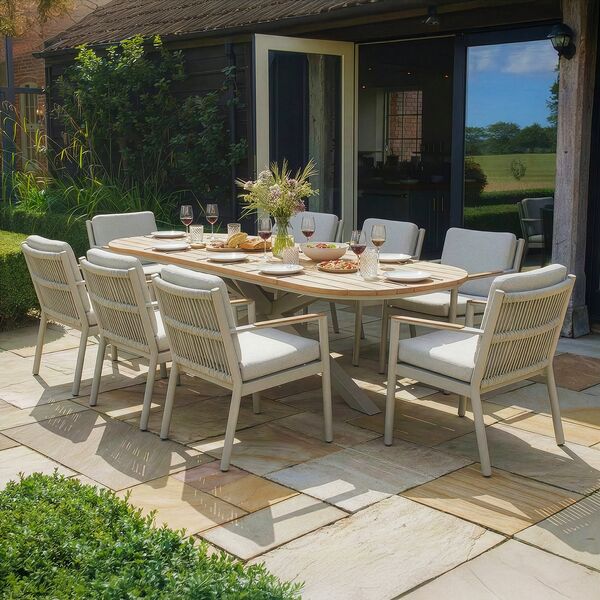 Sicily 8 Seat Rectangular Dining Set and Sicily Dining Chairs with Teak Arms - Latte Frame/Latte Cushions