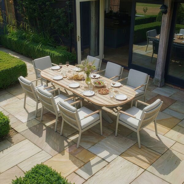 Sicily 8 Seat Rectangular Dining Set and Sicily Dining Chairs with Teak Arms - Latte Frame/Latte Cushions