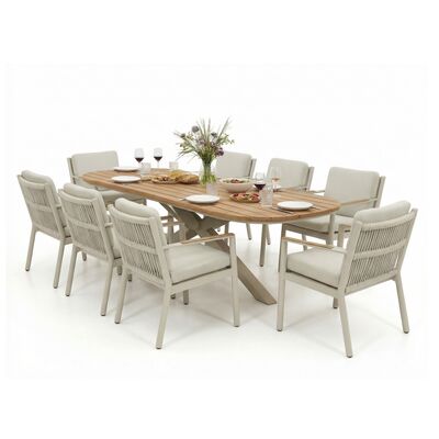 Sicily 8 Seat Rectangular Dining Set and Sicily Dining Chairs with Teak Arms - Latte Frame/Latte Cushions