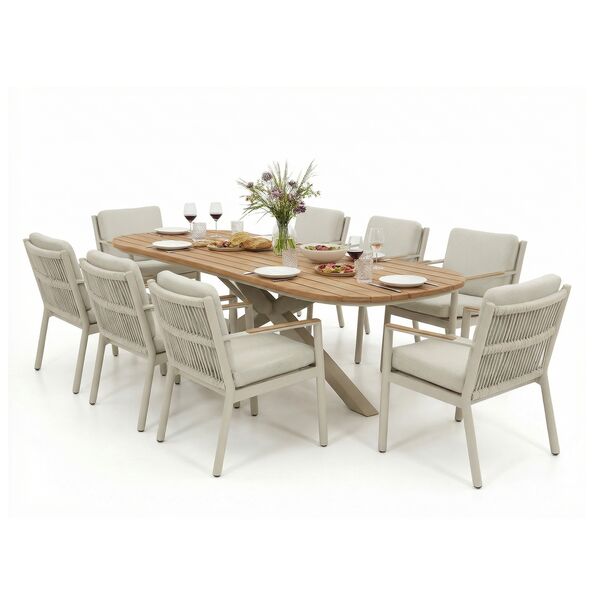 Sicily 8 Seat Rectangular Dining Set and Sicily Dining Chairs with Teak Arms - Latte Frame/Latte Cushions