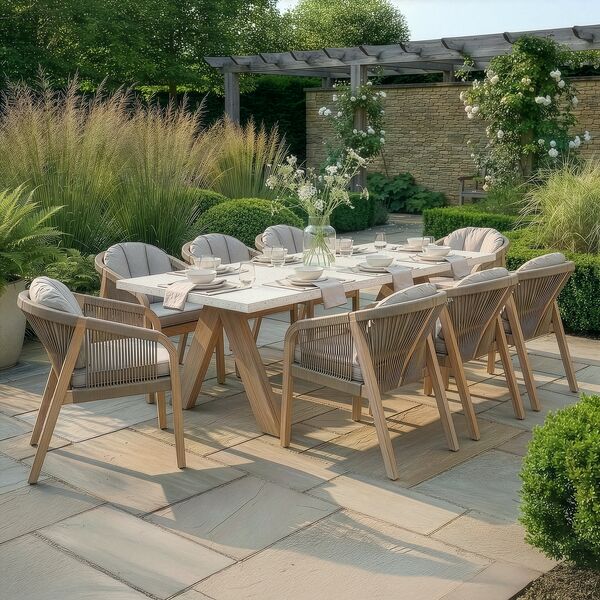 Antigua 8 Seat Rectangular Dining Set with Terrazzo Table