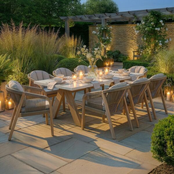 Antigua 8 Seat Rectangular Dining Set with Terrazzo Table