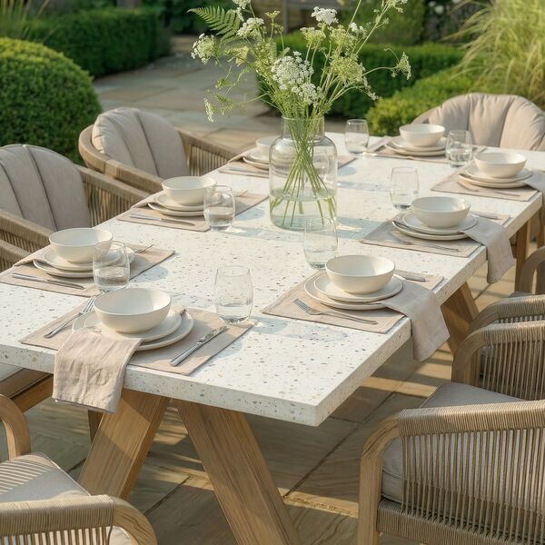 Antigua 8 Seat Rectangular Dining Set with Terrazzo Table