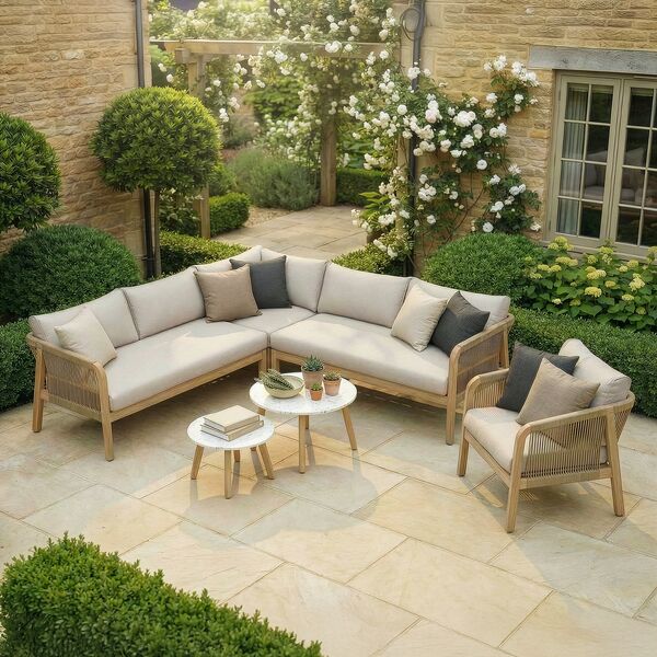 Antigua Corner Sofa Set with 2 x Round Terrazzo Tables and Lounge Chair