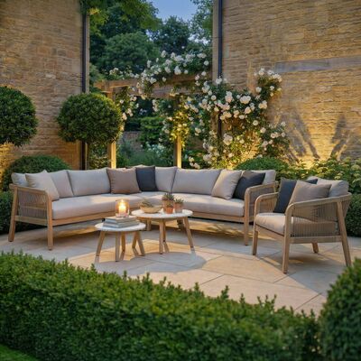 Antigua Corner Sofa Set with 2 x Round Terrazzo Tables and Lounge Chair