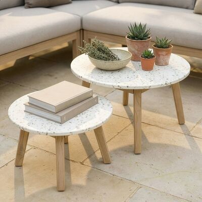 Antigua Corner Sofa Set with 2 x Round Terrazzo Tables and Lounge Chair