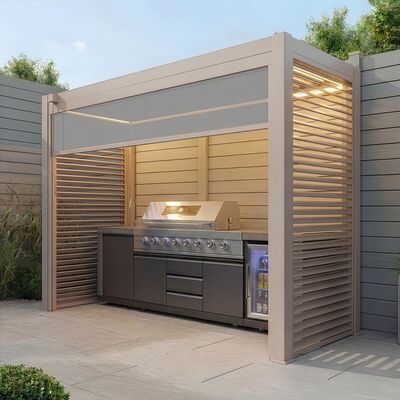 Como Free Standing BBQ Shelter with LED Lights - Side Louvre and Blind - Latte