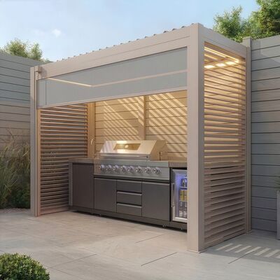 Como Free Standing BBQ Shelter with LED Lights - Side Louvre and Blind - Latte