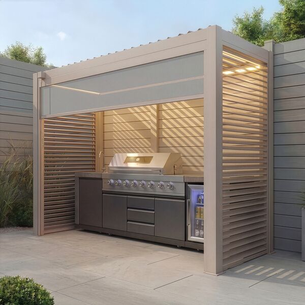 Como Free Standing BBQ Shelter with LED Lights - Side Louvre and Blind - Latte