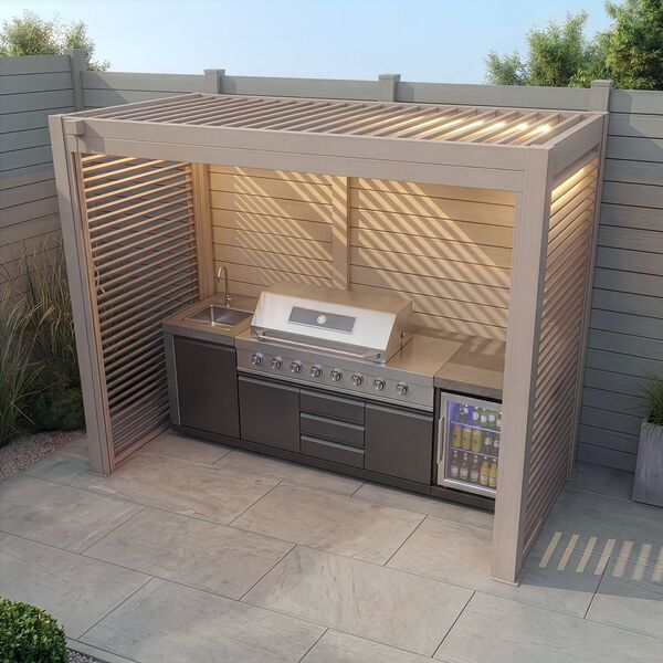 Como Free Standing BBQ Shelter with LED Lights - Side Louvre and Blind - Latte