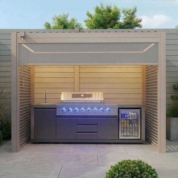 Como Free Standing BBQ Shelter with LED Lights - Side Louvre and Blind - Latte