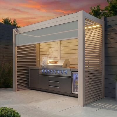 Como Free Standing BBQ Shelter with LED Lights - Side Louvre and Blind - Latte