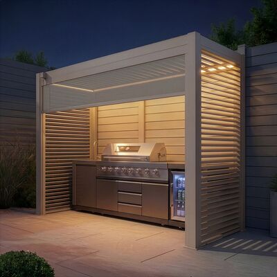 Como Free Standing BBQ Shelter with LED Lights - Side Louvre and Blind - Latte