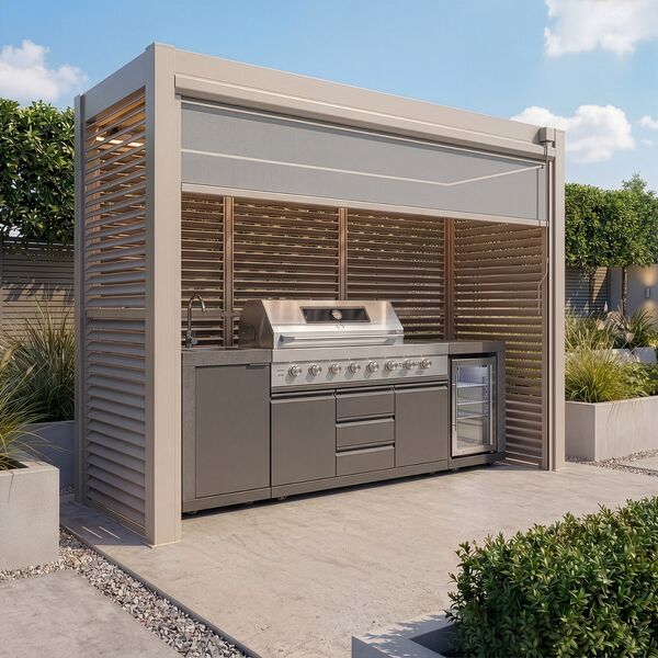 Como Free Standing BBQ Shelter with LED Lights - with Back Panel Side Louvre and Blind- Latte