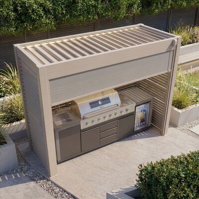 Como Free Standing BBQ Shelter with LED Lights - with Back Panel Side Louvre and Blind- Latte