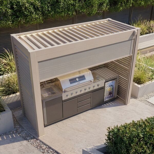 Como Free Standing BBQ Shelter with LED Lights - with Back Panel Side Louvre and Blind- Latte