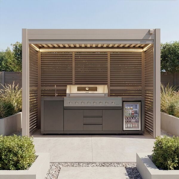 Como Free Standing BBQ Shelter with LED Lights - with Back Panel Side Louvre and Blind- Latte