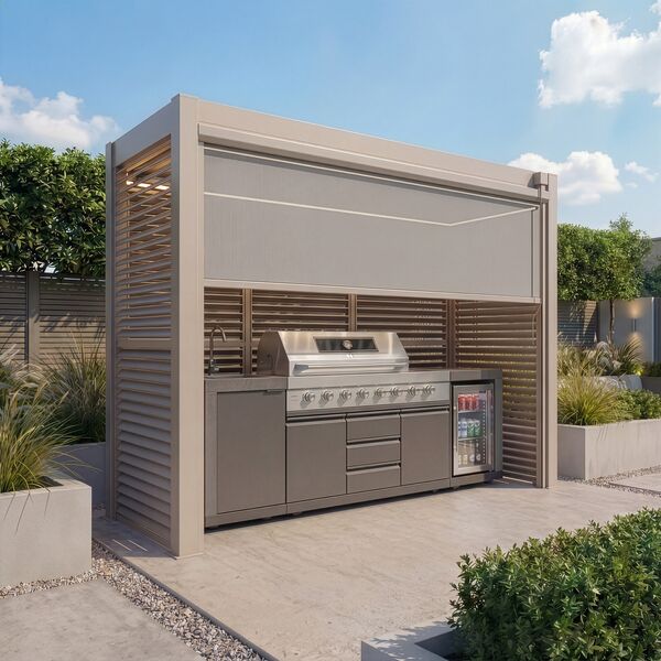 Como Free Standing BBQ Shelter with LED Lights - with Back Panel Side Louvre and Blind- Latte