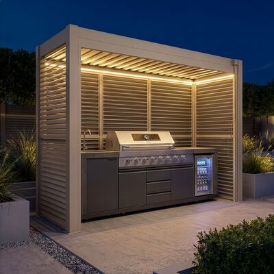 Como Free Standing BBQ Shelter with LED Lights - with Back Panel Side Louvre and Blind- Latte