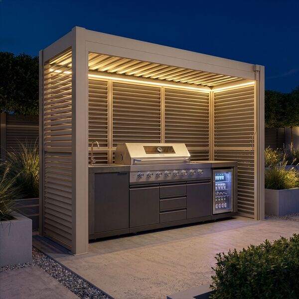 Como Free Standing BBQ Shelter with LED Lights - with Back Panel Side Louvre and Blind- Latte
