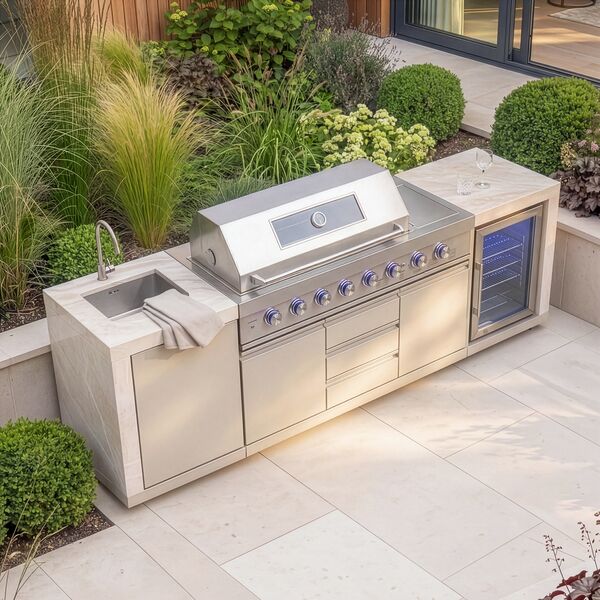 Maze Ember Linear Outdoor Kitchen Gas BBQ with Sink and Fridge - Latte