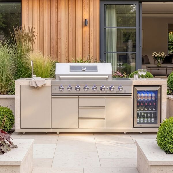 Maze Ember Linear Outdoor Kitchen Gas BBQ with Sink and Fridge - Latte