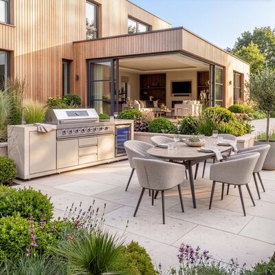Maze Ember Linear Outdoor Kitchen Gas BBQ with Sink and Fridge - Latte