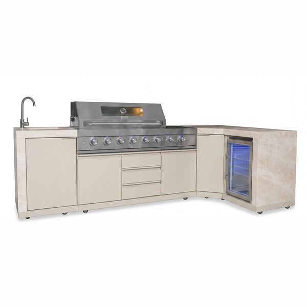 Maze Ember Outdoor Kitchen Corner Gas BBQ with Sink and Fridge - Latte