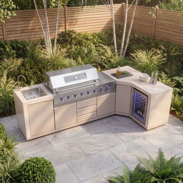 Maze Ember Outdoor Kitchen Corner Gas BBQ with Sink and Fridge - Latte