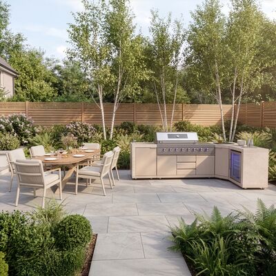 Maze Ember Outdoor Kitchen Corner Gas BBQ with Sink and Fridge - Latte