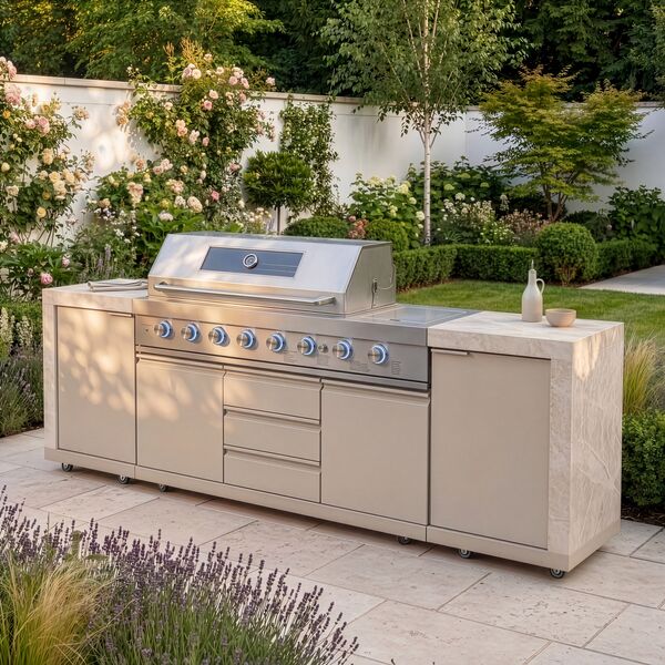 Maze Ember Linear Outdoor Kitchen With Gas BBQ & Cupboards - Latte