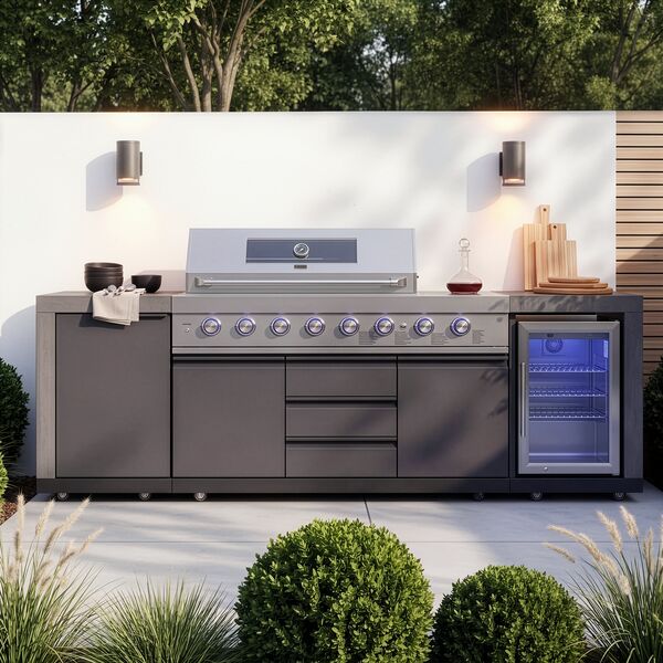 Maze Ember Linear Outdoor Kitchen with Gas BBQ, Left Cupboard & Right Fridge