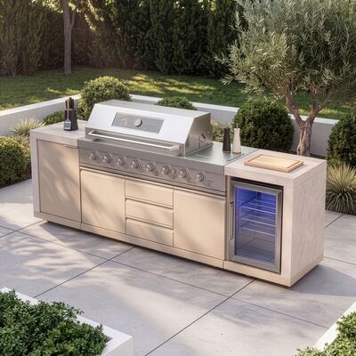 Maze Ember Linear Outdoor Kitchen with Gas BBQ, Left Cupboard & Right Fridge - Latte