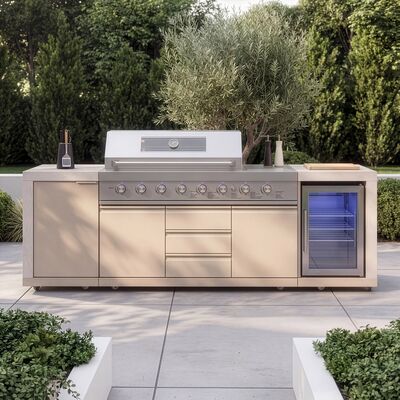 Maze Ember Linear Outdoor Kitchen with Gas BBQ, Left Cupboard & Right Fridge - Latte