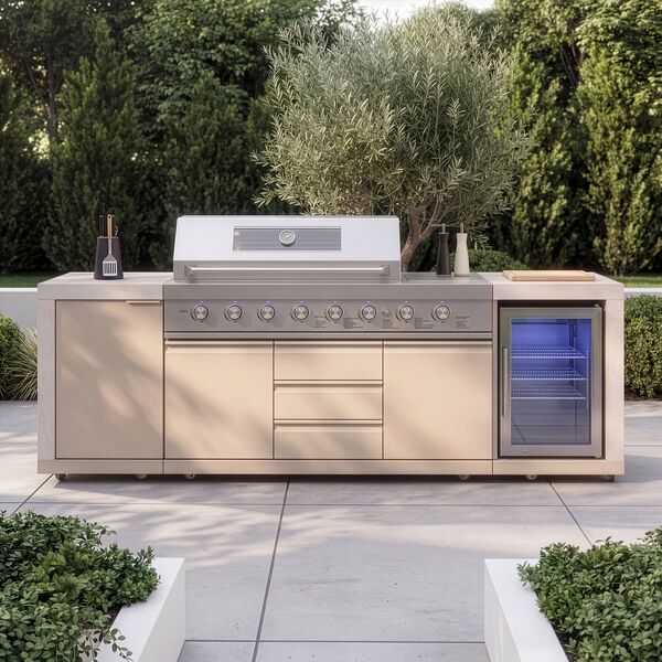 Maze Ember Linear Outdoor Kitchen with Gas BBQ, Left Cupboard & Right Fridge - Latte