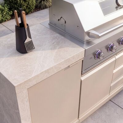 Maze Ember Linear Outdoor Kitchen with Gas BBQ, Left Cupboard & Right Fridge - Latte