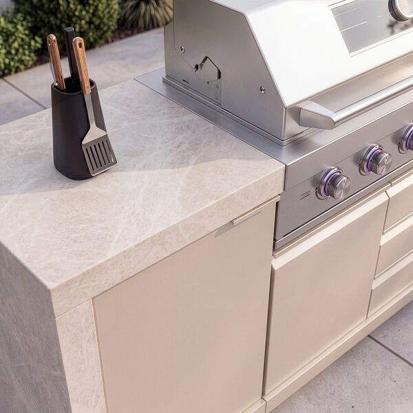 Maze Ember Linear Outdoor Kitchen with Gas BBQ, Left Cupboard & Right Fridge - Latte