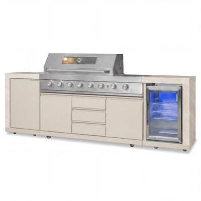 Maze Ember Linear Outdoor Kitchen with Gas BBQ, Left Cupboard & Right Fridge - Latte