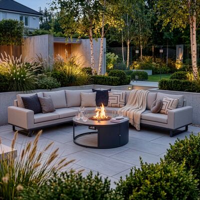 Ethos Grande Corner Set With Round Fire Pit Table - Oatmeal