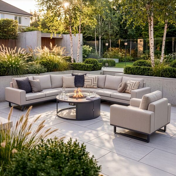 Ethos Grande Corner Set With Round Fire Pit Table & Armchair - Oatmeal