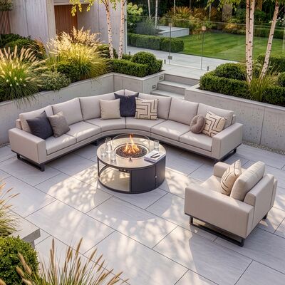 Ethos Grande Corner Set With Round Fire Pit Table & Armchair - Oatmeal