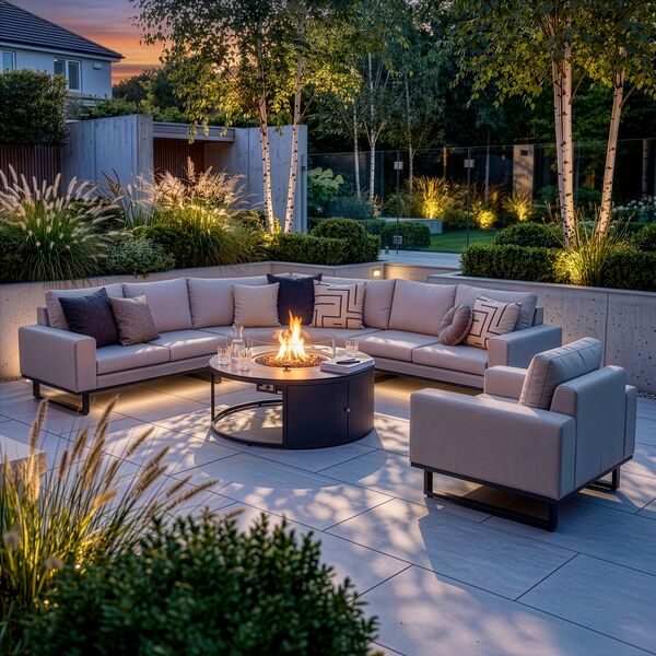 Ethos Grande Corner Set With Round Fire Pit Table & Armchair - Oatmeal